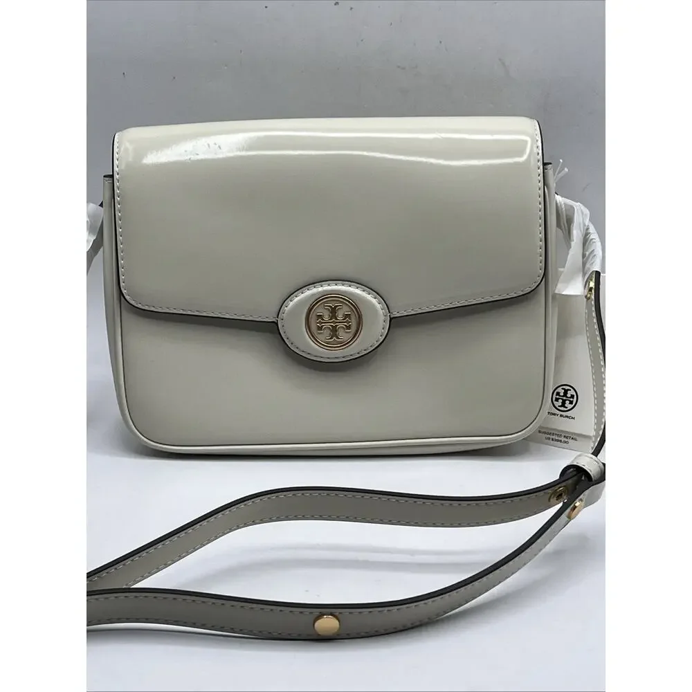 Tory Burch Robinson Spazzolato Convertible Top Handle Bag Patent Leather Ivory